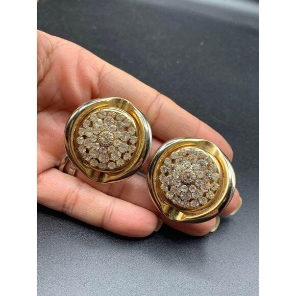 Big Statement Rhinestones Clip On Earrings Round Gold Tone Clear Prong Set Glass - Picture 3 of 6